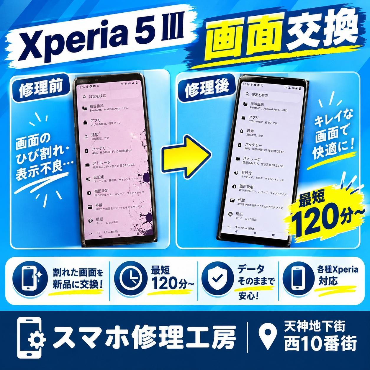📱Xperia 5 IIIの画面交換修理！ひび割れと液晶不良を改善して快適に復活✨【スマホ修理工房天神地下街店】